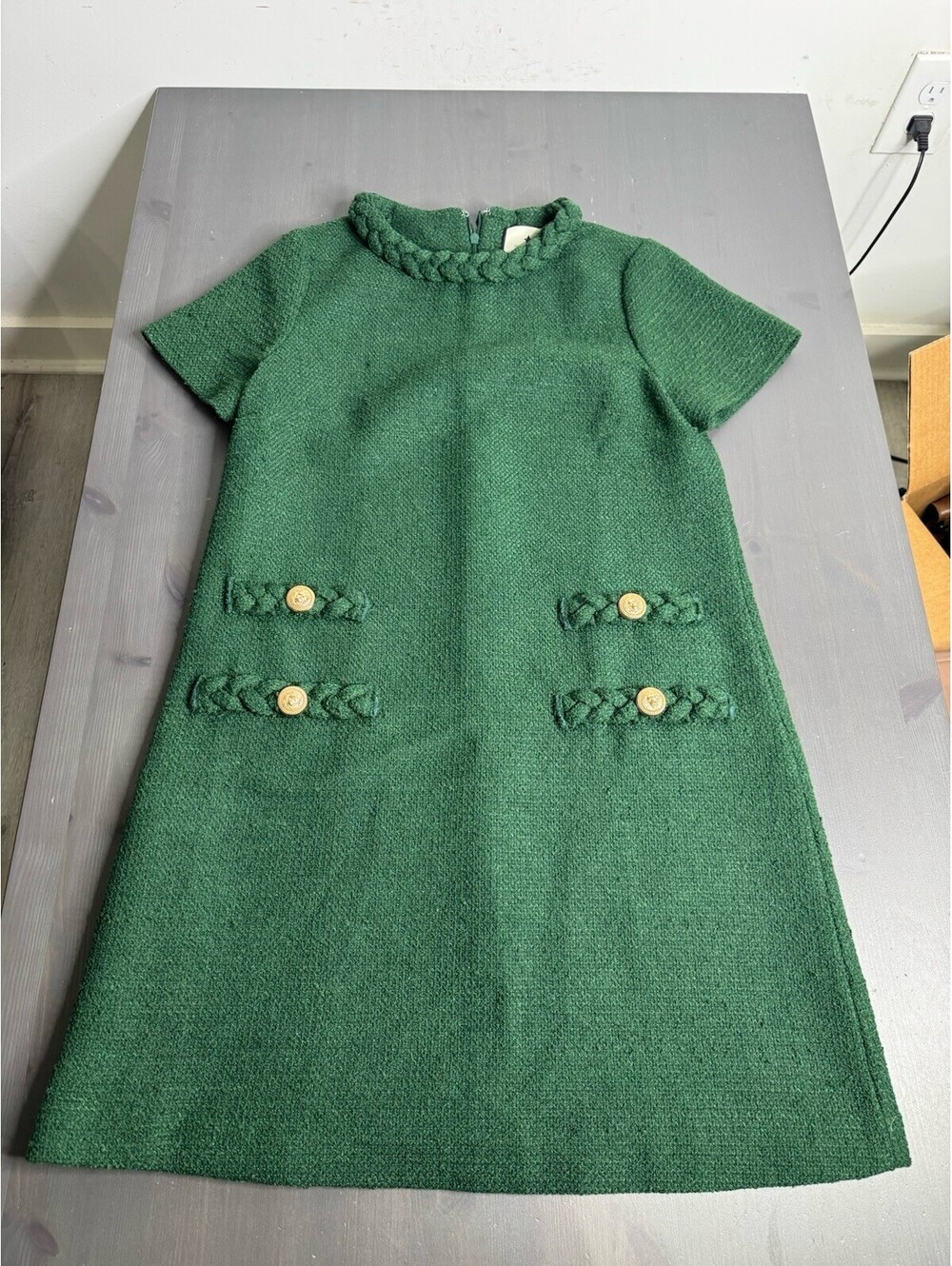 Tuckernuck Tweed Jackie Shift Dress Green Zip Short Sleeve Business Formal - Picture 4 of 9
